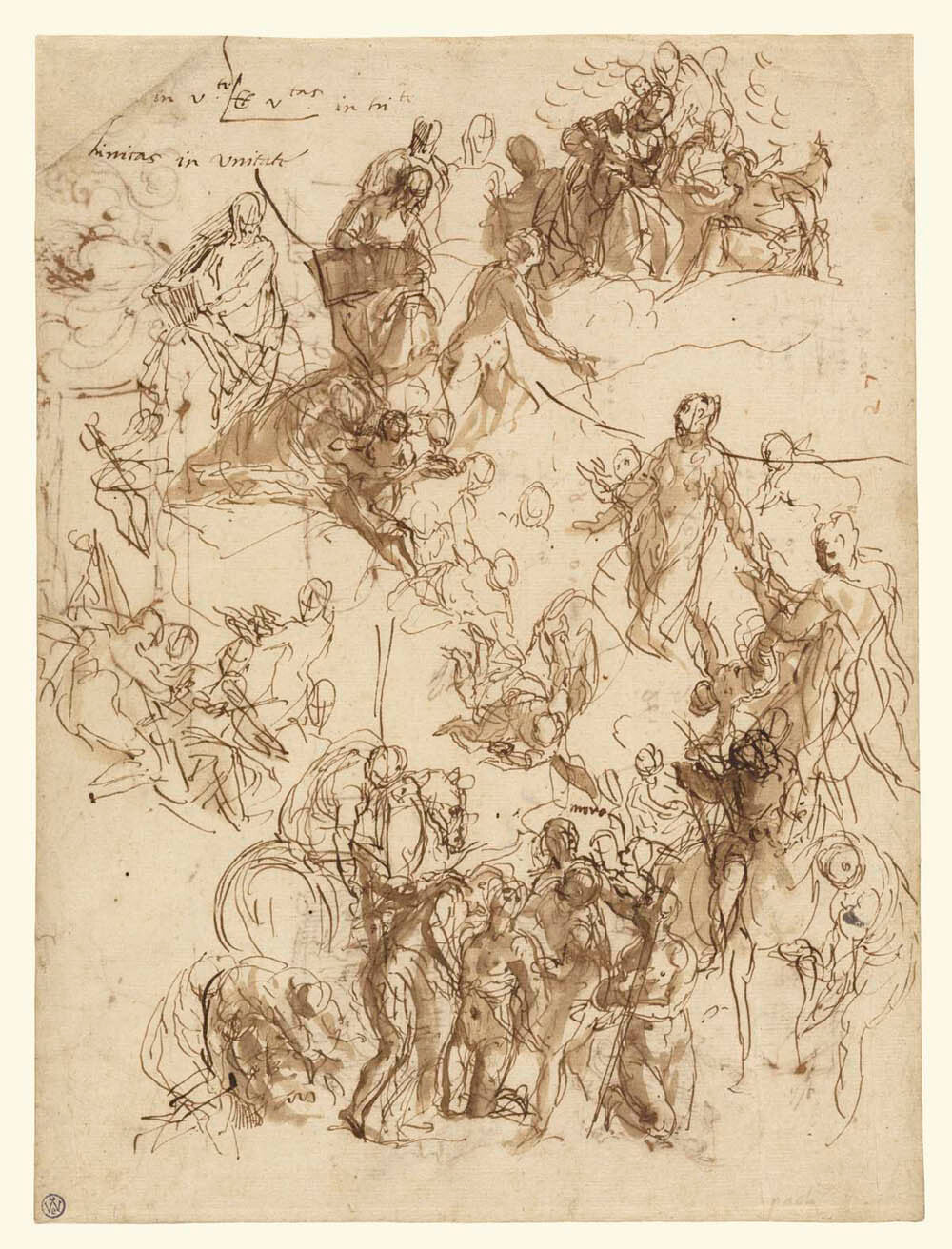 Sheet of Studies for "The Martyrdom of Saint George" (recto); Studies of a House, Tree, Heads, Artist's Tools, Decorative Motifs, and Computations (verso) Gm-00002901