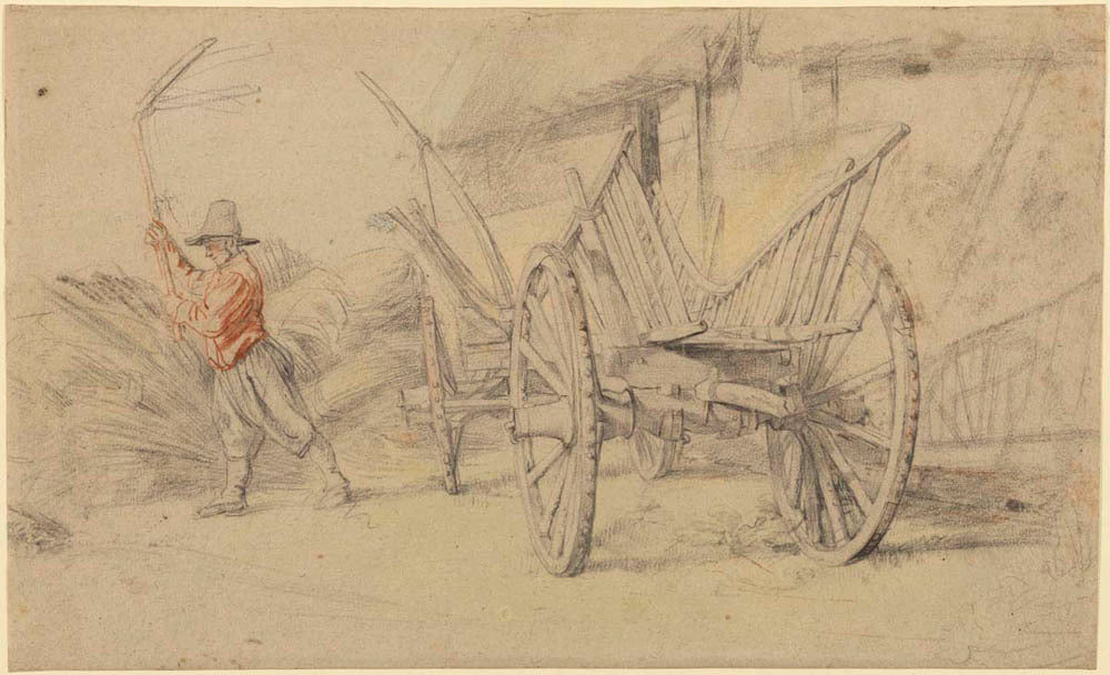 A Man Threshing Beside a Wagon, Farm Buildings Behind Gm-00009801