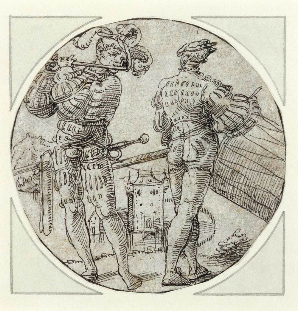 A Flutist and Drummer Before a Moated Castle Gm-00023501