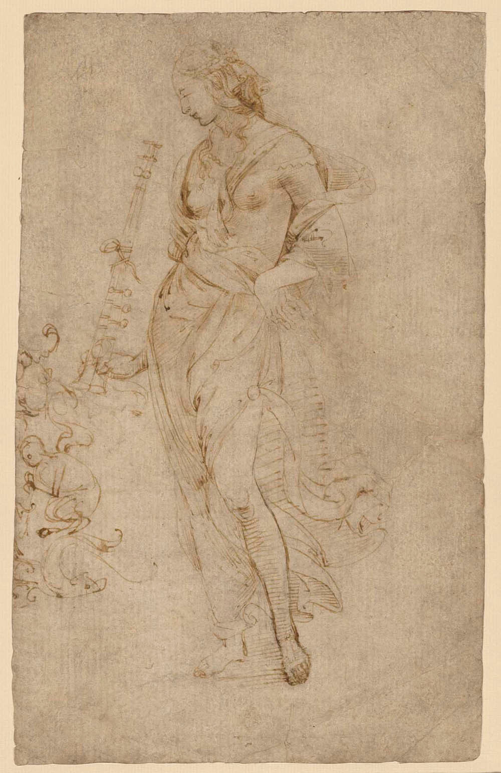 Female Figure with a Tibia, and Ornamental Studies (recto); Ornamental Studies (verso) Gm-00025401
