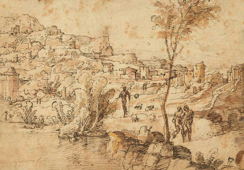 Landscape with Shepherds by a River and a Town Beyond (recto); Figure Studies and Roman Ruins (verso) Gm-00030401