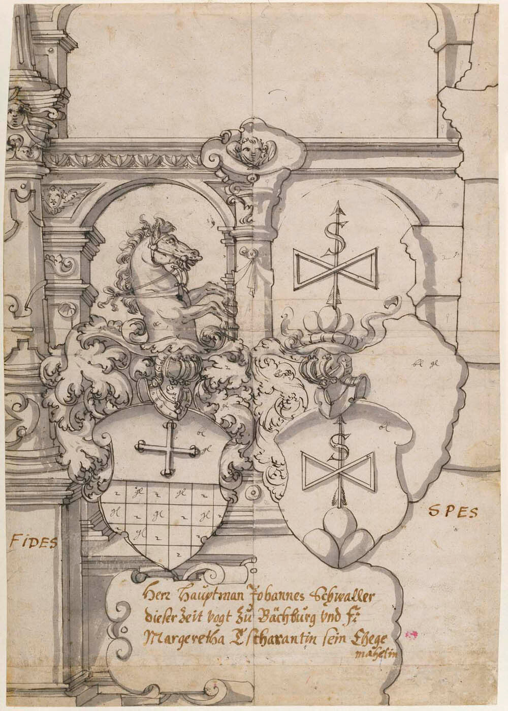 Stained Glass Design with Two Coats of Arms (recto); Study of a Helm (verso) Gm-00037301