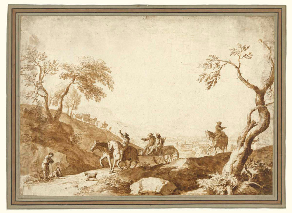 Landscape with Travellers, Two Riding in a Carriage Driven by a Postilion and a Third on Horseback behind Gm-00050001