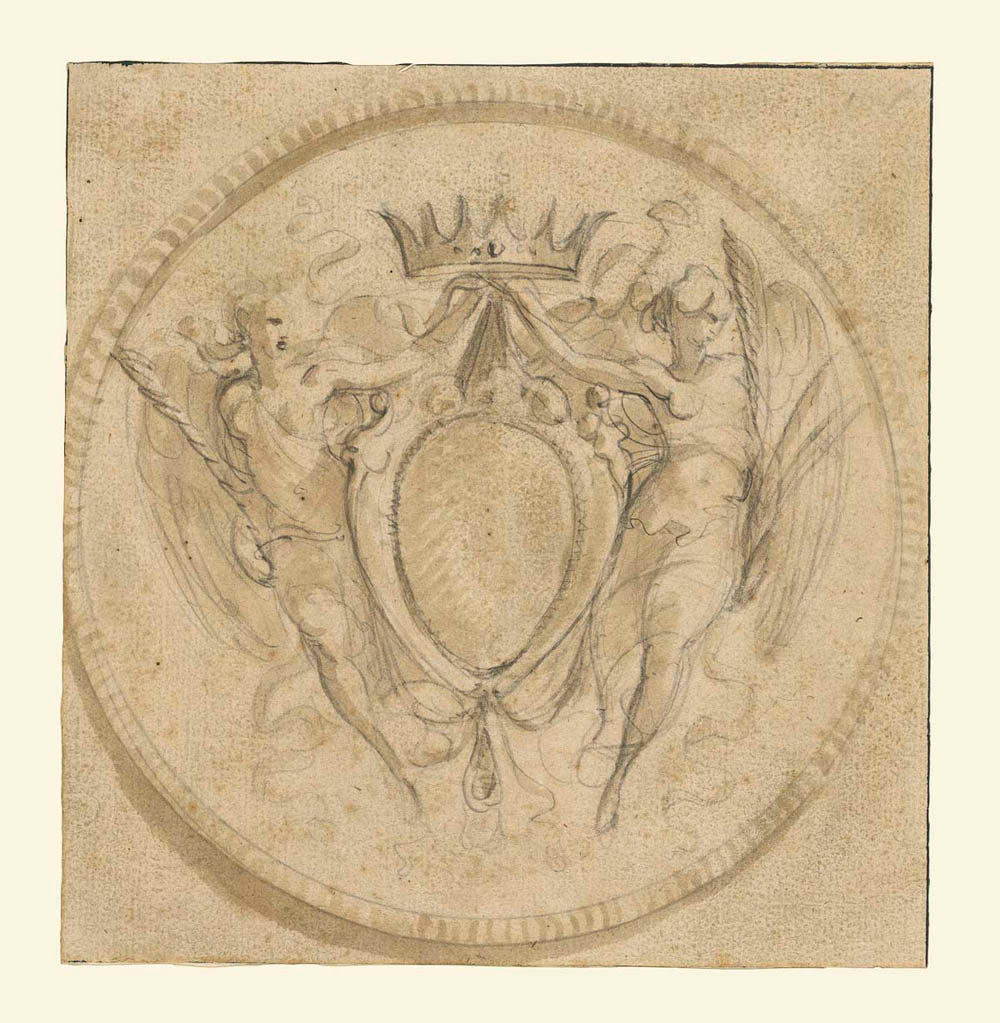 Coat of Arms of the Rezzonico Family, capped by a Princely Crown and Supported by Two Winged Victories Gm-11111201