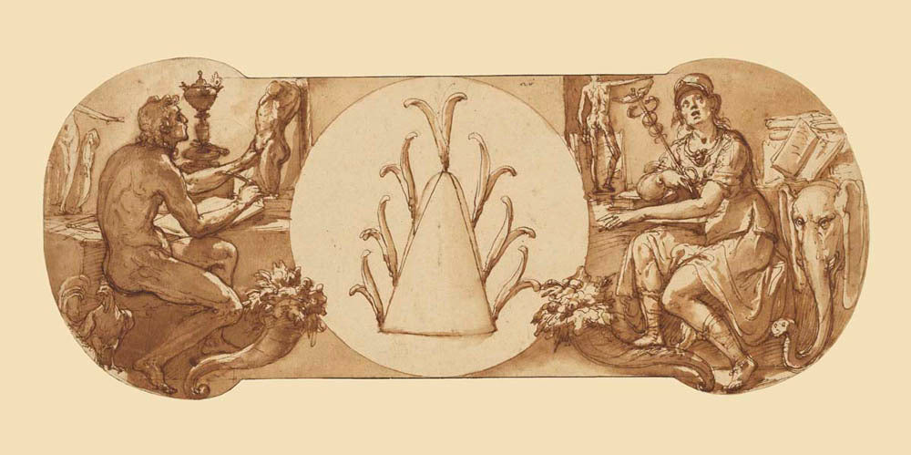 Allegories of Study and Intelligence Flanking the Zuccaro Emblem Gm-13470501