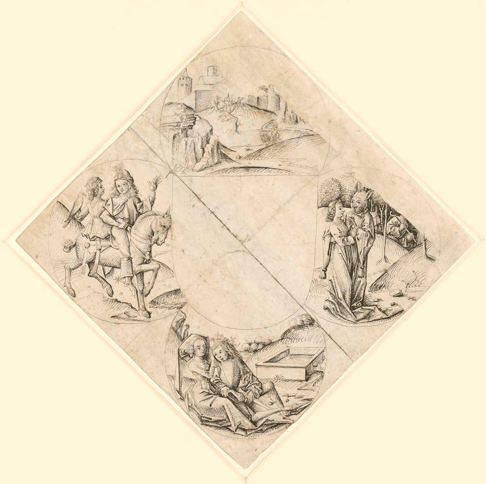 Design for a Quatrefoil with a Castle, Two Lovers, a Maiden Tempted by a Fool, a Couple Seated by a Trough, and a Knight and His Lover Mounted on a Horse Gm-26637101