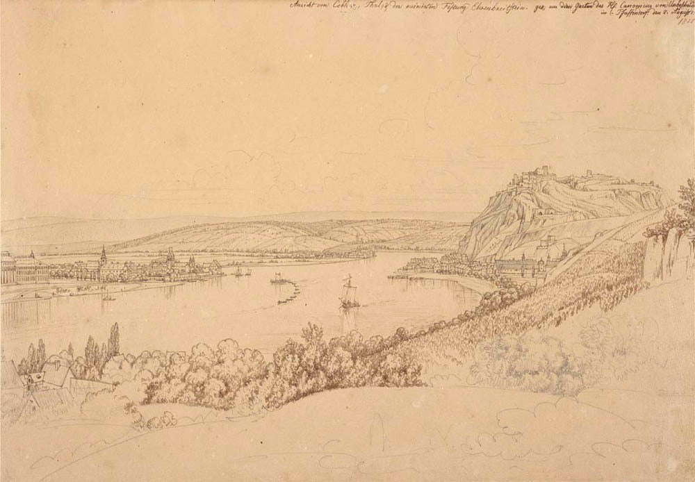 View of Koblenz with the Rhine and Fortress Ehrenbreitstein (recto); View of the Heidelberg Castle (verso) Gm-31693601